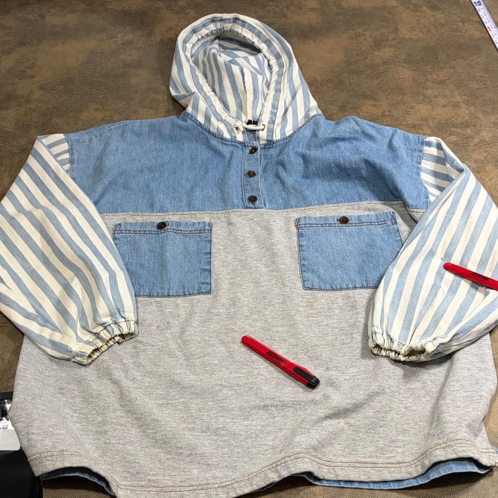 Pottery Hoodie Womens Large Blue Denim Striped Colorblock Henley Pullover VTG